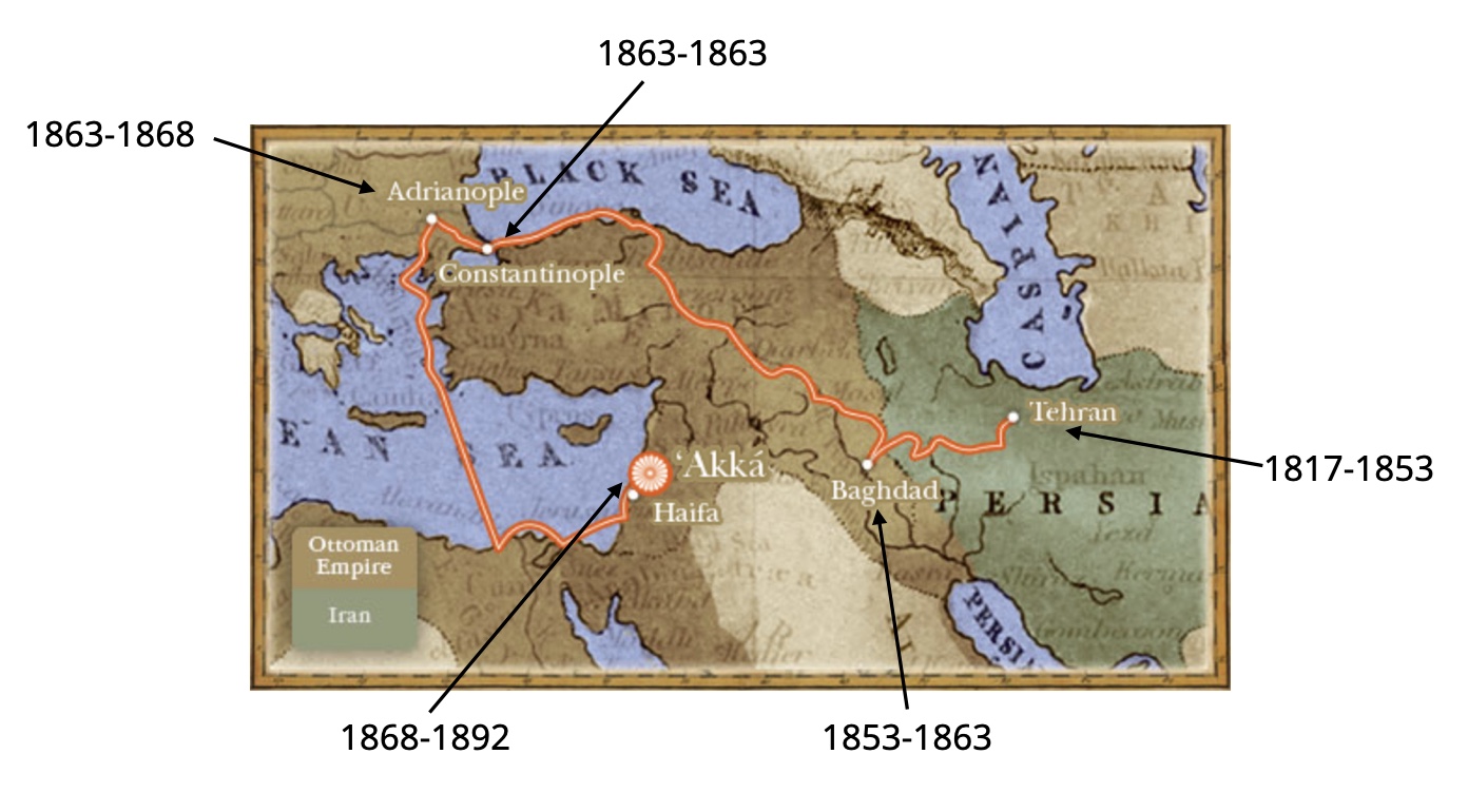 A map of the Ottoman Empire and Iran marking Tehran 1817-1853, Baghdad 1853-1863, Constantinople 1863-1863, Adrianople 1863-1868 and 'Akká 1868-1892, joined by a line tracing the route of the exiles.